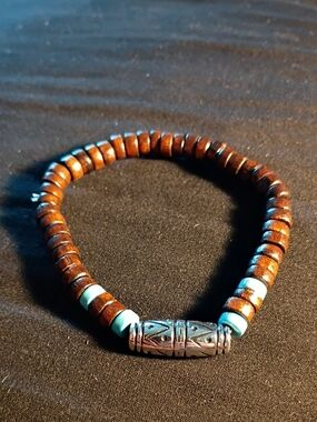 Wood Beaded Bracelet with Turquoise Accents and Silver Barrel Bead